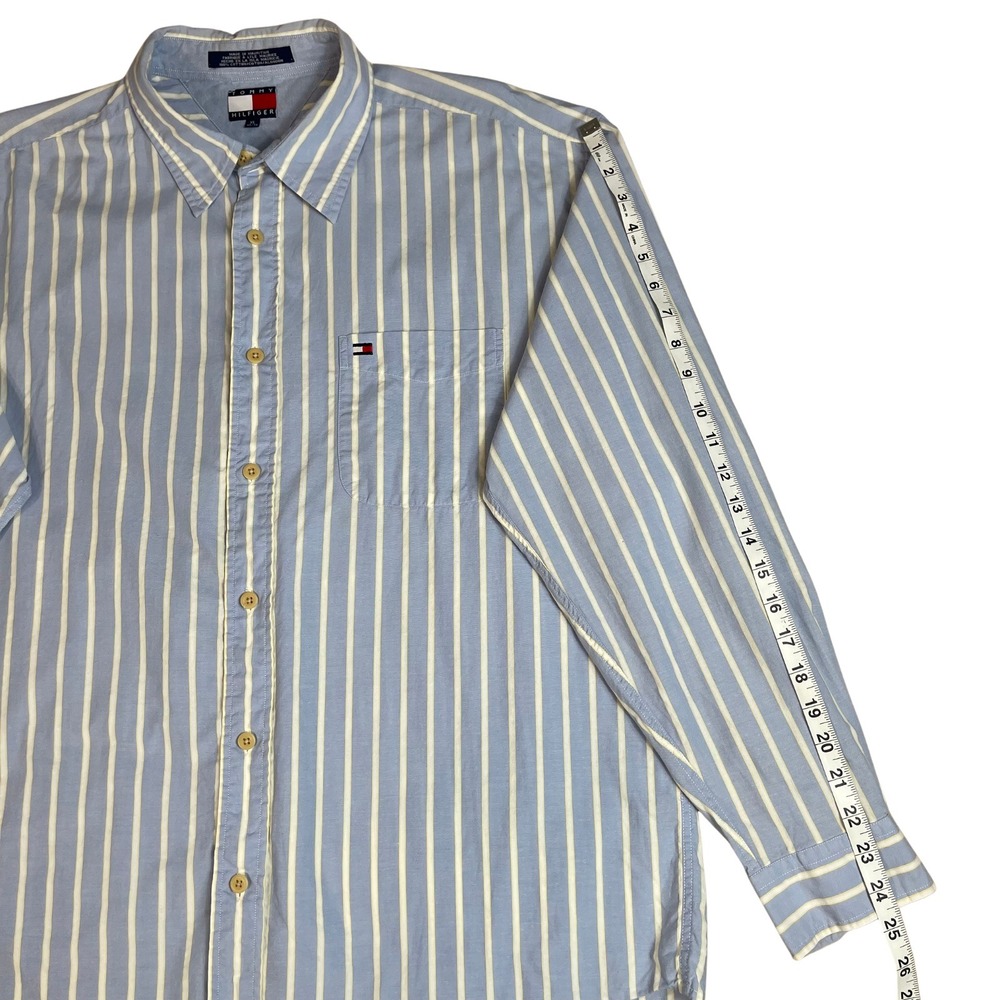 Tommy Hilfiger Mens Button Down Shirt XL Blue White Stripe Pocket Logo Casual - Picture 10 of 12